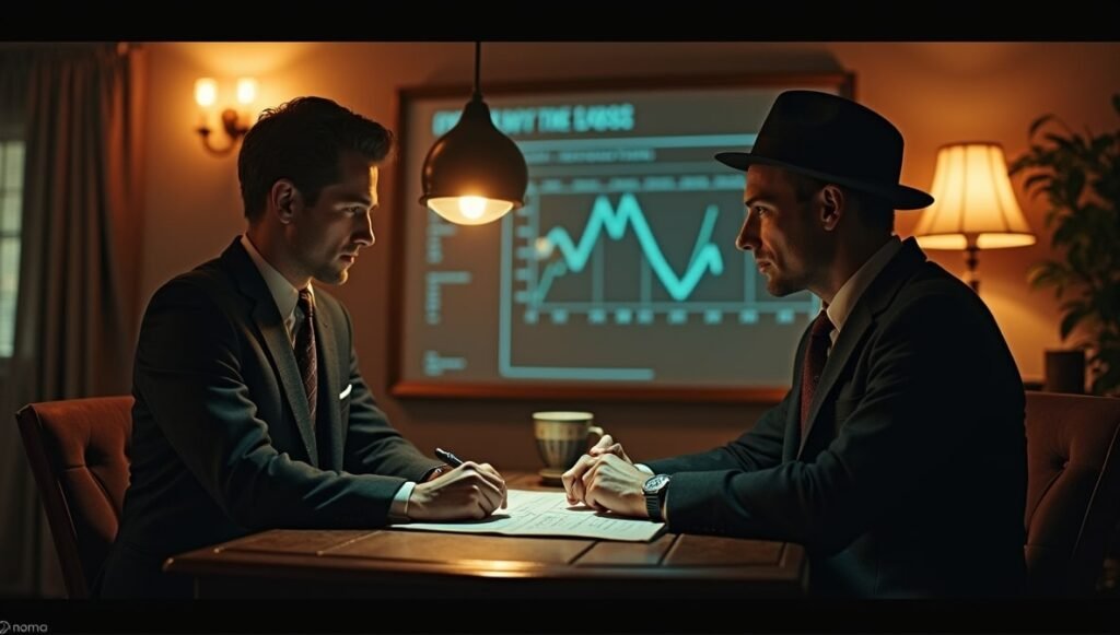 Two men in suits seated at a table, collaborating over a laptop.