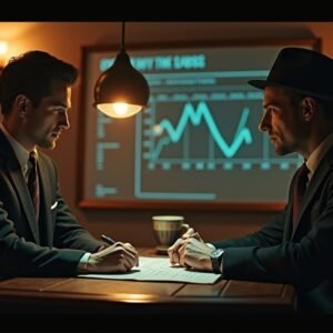 Two men in suits seated at a table, collaborating over a laptop.