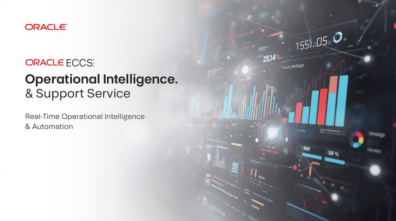Oracle's operational intelligence and support service graphic showcasing data analytics and customer support solutions.